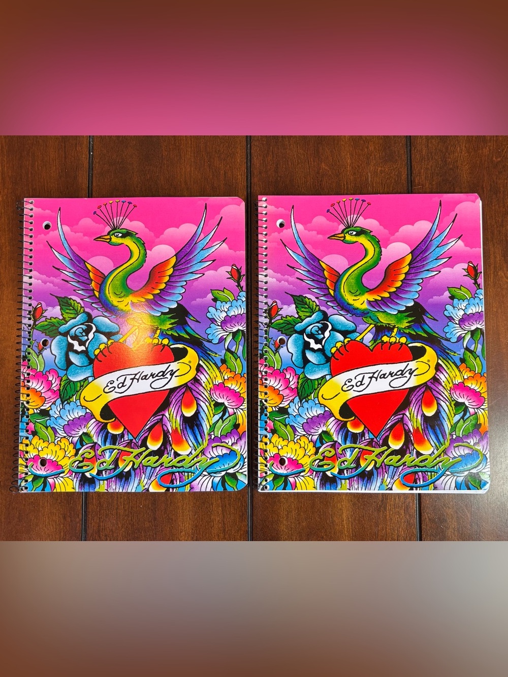 Ed Hardy x Lisa Frank Peacock Heart Spiral Notebooks Set of 2 • 70 Sheets •